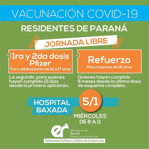 Jornada de vacunación en Paraná: Aplicarán 1ª, 2ª y 3ª dosis